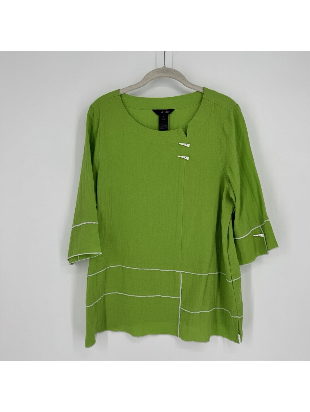 Ali Miles Top PL large neon green artsy lime tunic lagenlook abstract seam bell